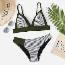 Romwe Strip Panel Bikini Set