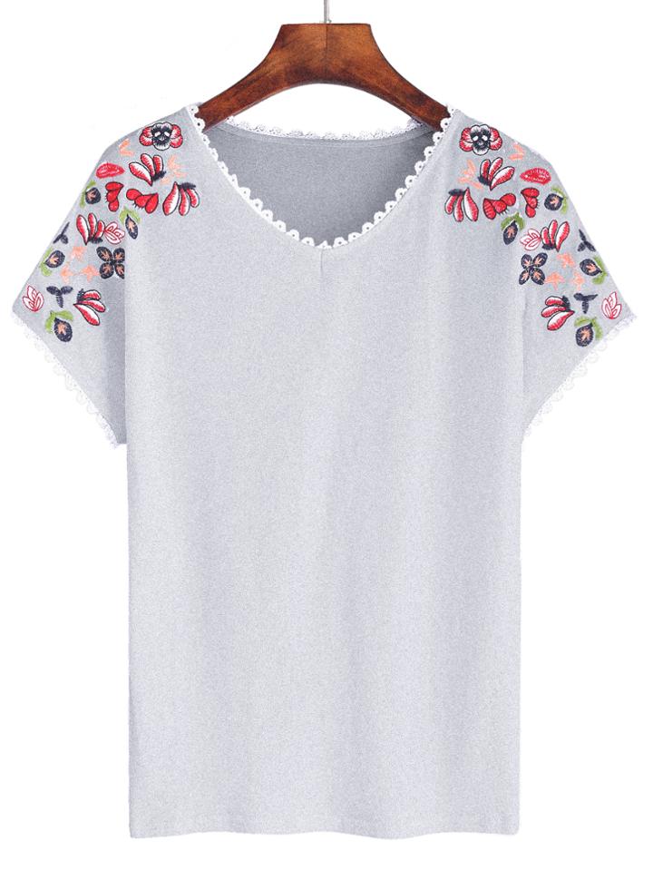 Romwe Grey V Neck Embroidered Lace Hem T-shirt