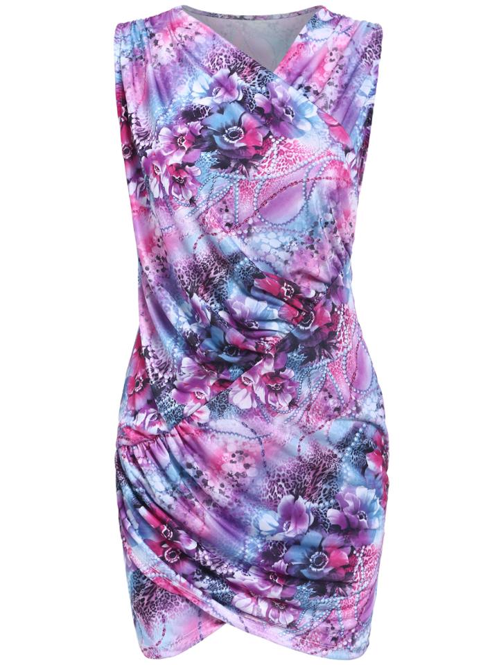 Romwe V Neck Florals Wraped Purple Dress