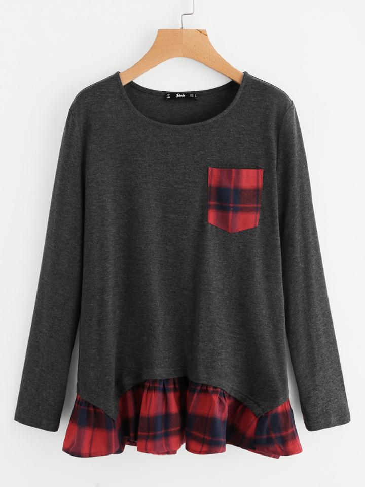 Romwe Check Pocket And Hem Heathered Tee