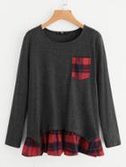 Romwe Check Pocket And Hem Heathered Tee