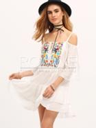 Romwe Begin Cold Shoulder Embroidered Ruffle Dress