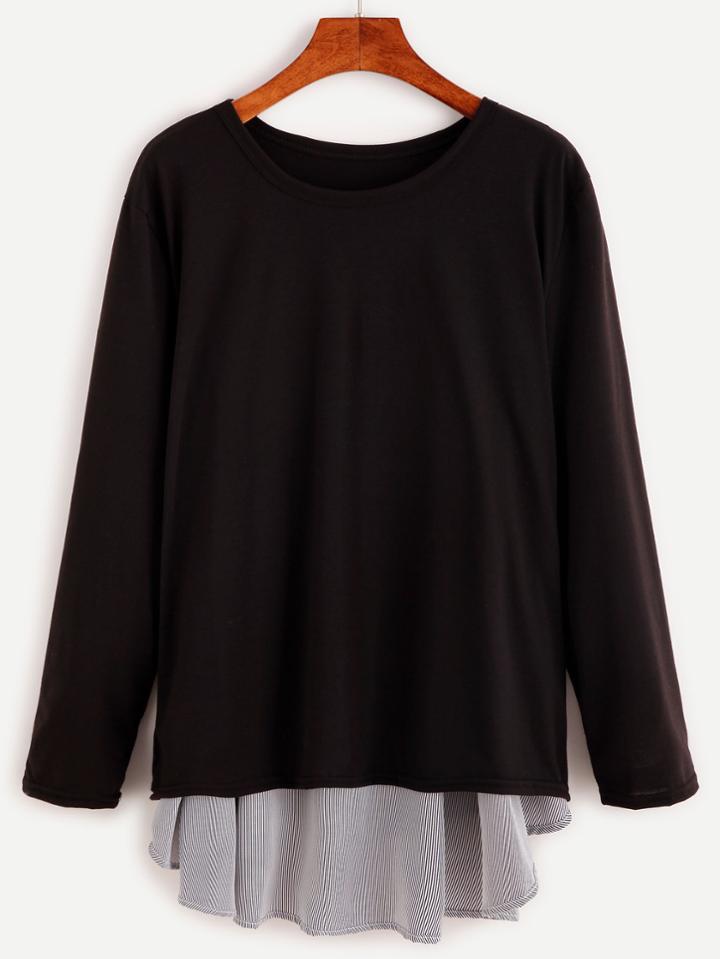 Romwe Black Contrast Vertical Striped Panel T-shirt