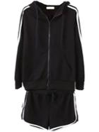 Romwe Hooded Zipper Contrast Edge Top With Drawstring Black Shorts