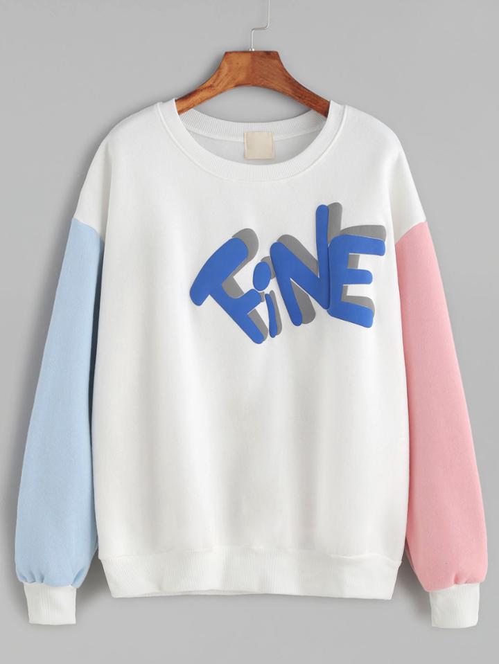 Romwe Contrast Sleeve Letter Print Drop Shoulder Sweatshirt