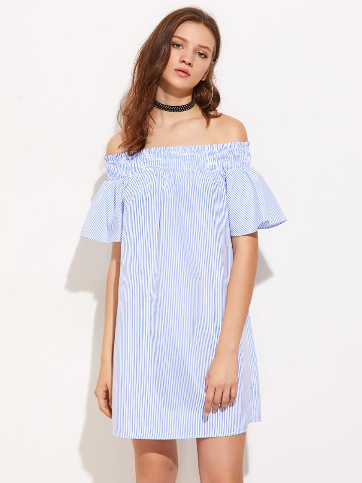 Romwe Smocked Off Shoulder Bell Sleeve Pinstripe Dress
