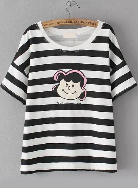 Romwe Striped Cartoon Print Black T-shirt