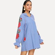 Romwe Floral Embroidery Drawstring Dress