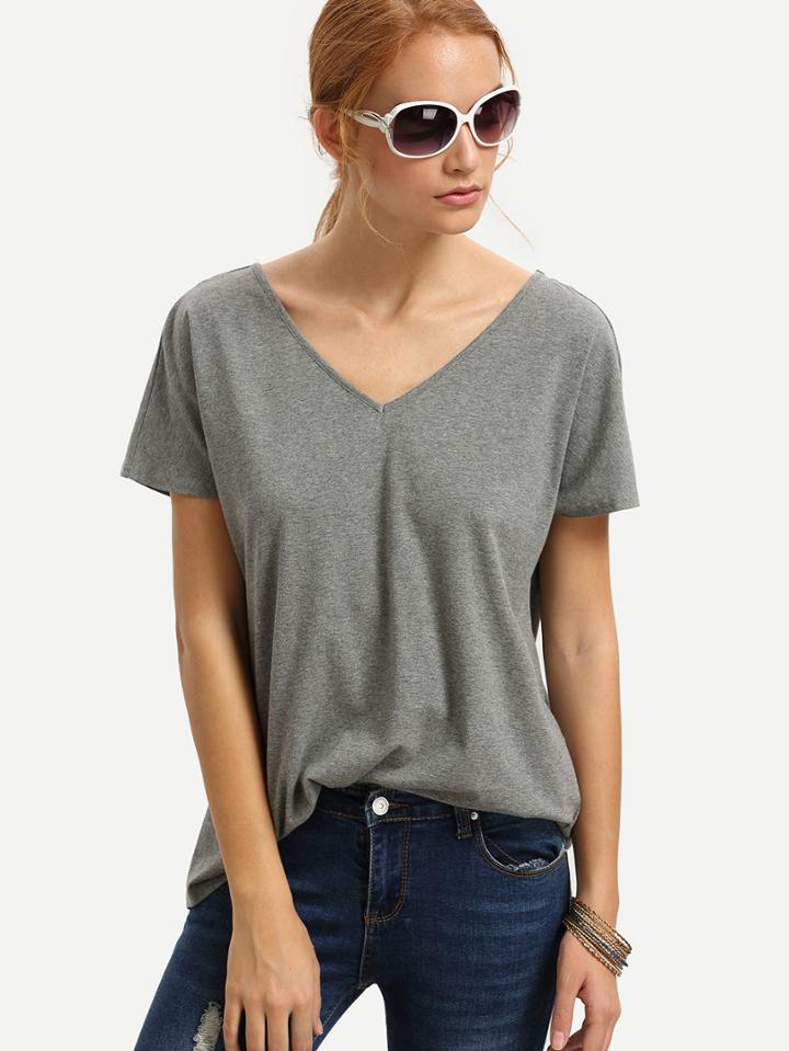 Romwe Grey V Neck Casual T-shirt