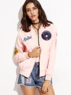 Romwe Embroidered Patch Zipper Bomber Jacket