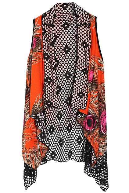 Romwe Peacock Feathers Orange Cardigan