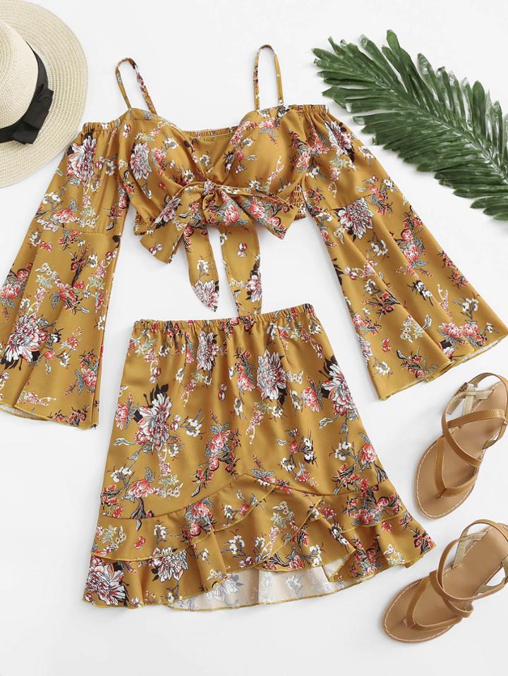 Romwe Floral Bow Tie Top With Ruffle Skirt