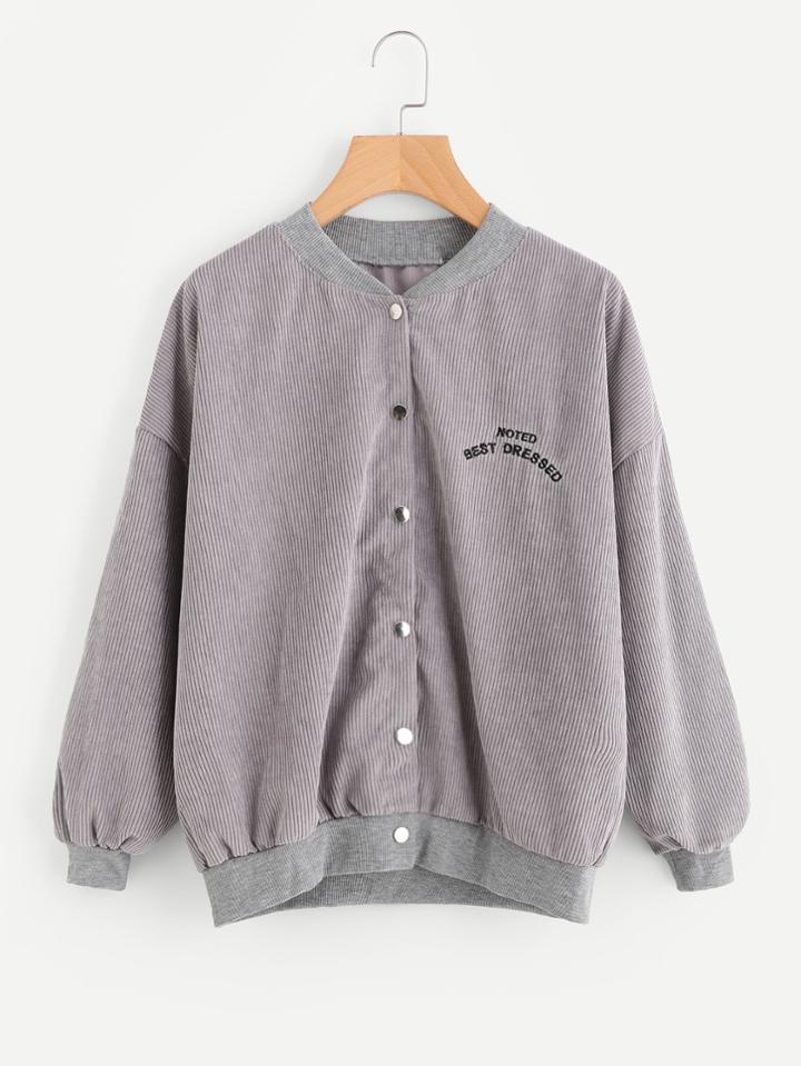 Romwe Drop Shoulder Slogan Embroidered Corduroy Jacket