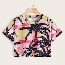 Romwe Landscape & Coconut Trees Print Crop Tee