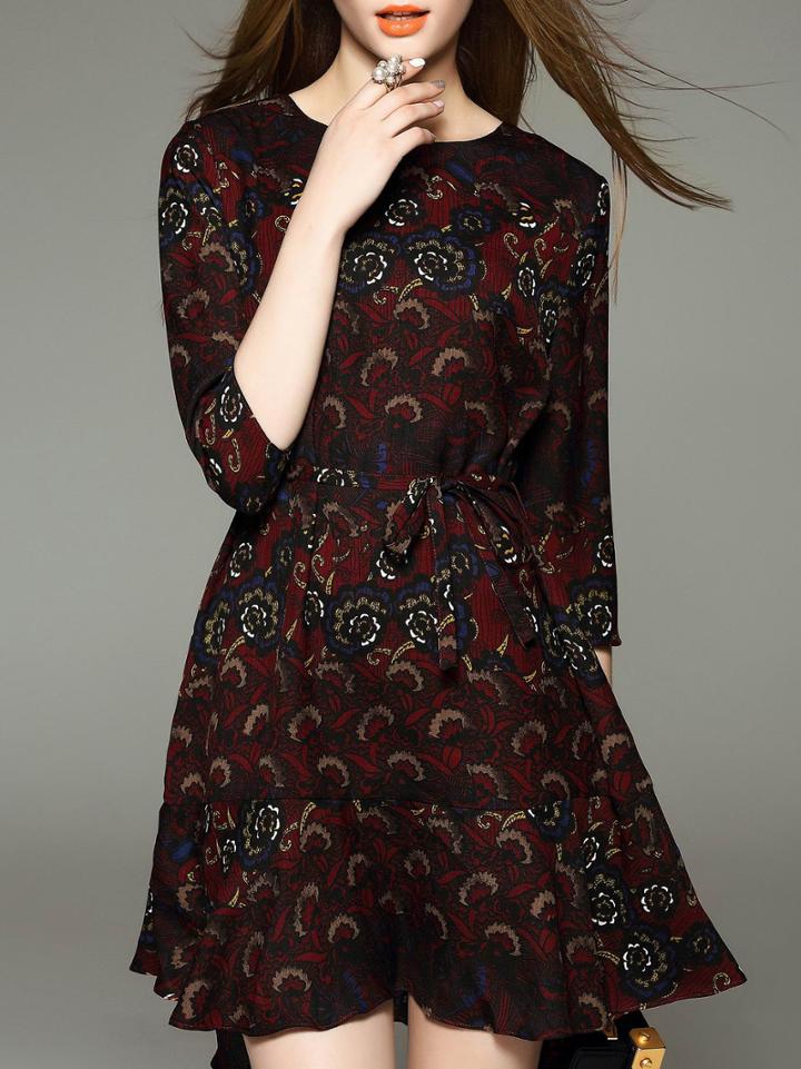 Romwe Oxblood Crew Neck Tribal Print Drawstring Scallop Dress