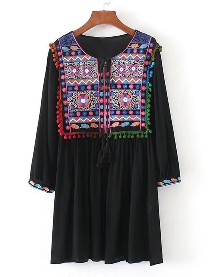 Romwe Tassel Tie Neck Pom Pom Trim Embroidery Dress
