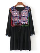 Romwe Tassel Tie Neck Pom Pom Trim Embroidery Dress