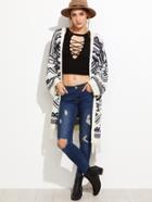 Romwe Tribal Print Fringe Hem Eyelet Cardigan