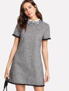 Romwe Embroidered Collar Fringe Lace Trim Houndstooth Dress