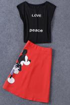 Romwe Letter Print Top With Mickey Print Skirt