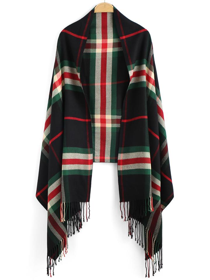 Romwe Plaid Tassel Black Scarf