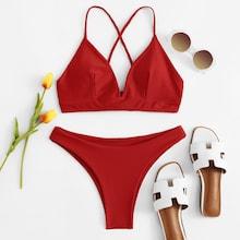Romwe Braided Criss Cross Top With High Leg Bikini Set