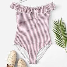 Romwe Ruffle Off The Shoulder Random Striped Swimsuit
