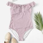 Romwe Ruffle Off The Shoulder Random Striped Swimsuit