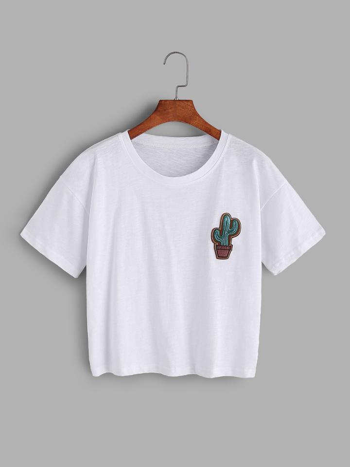 Romwe Cactus Embroidered T-shirt