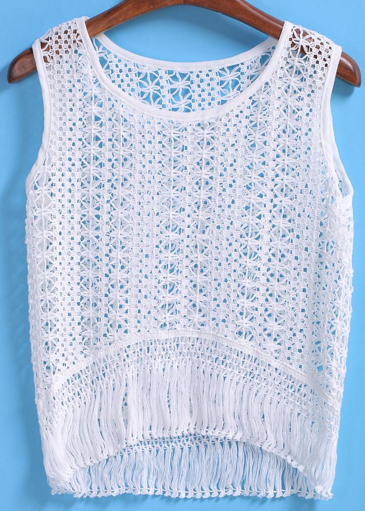 Romwe With Tassel Floral Ceochet Vest