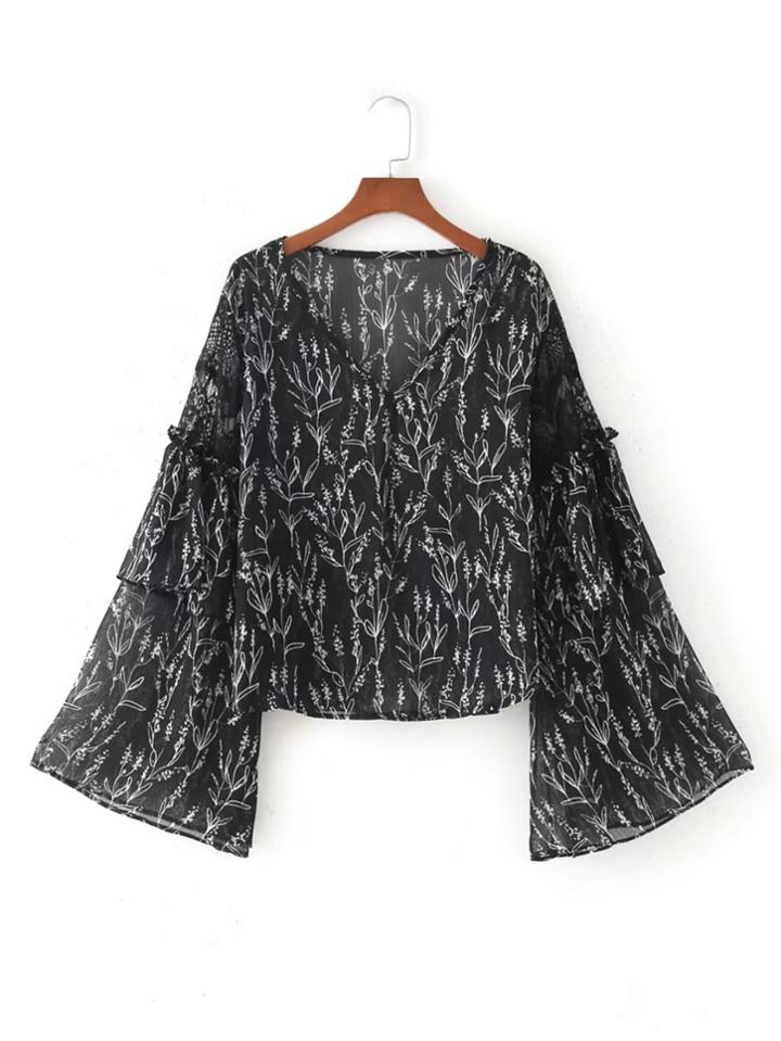 Romwe Layered Fluted Sleeve Eyelash Lace Insert Chiffon Blouse