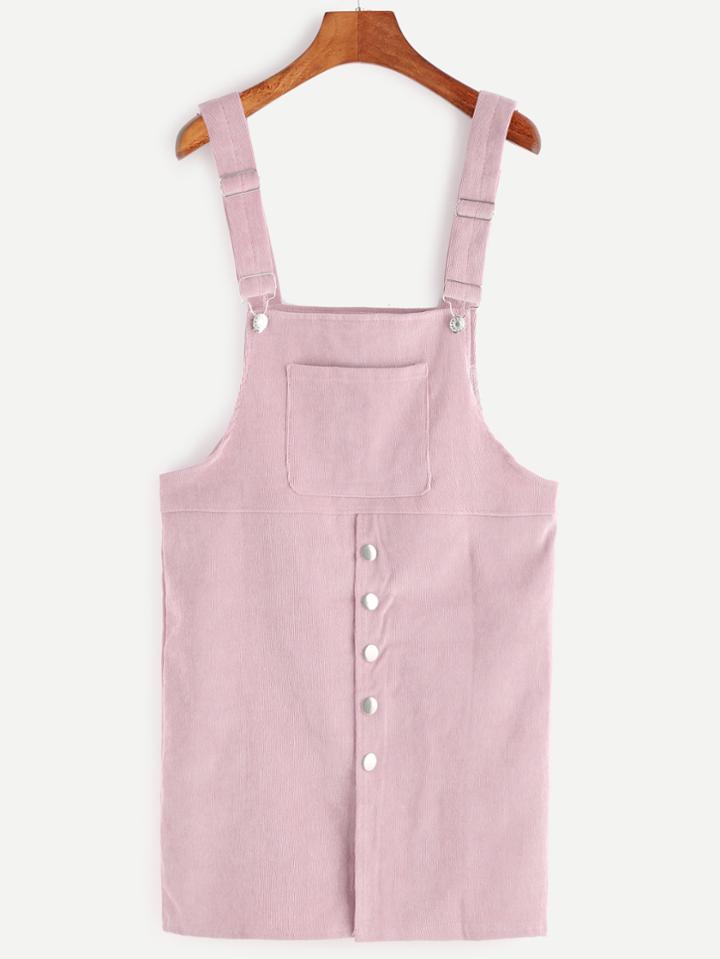 Romwe Pink Corduroy Single Breasted Overall Dress With Pocket