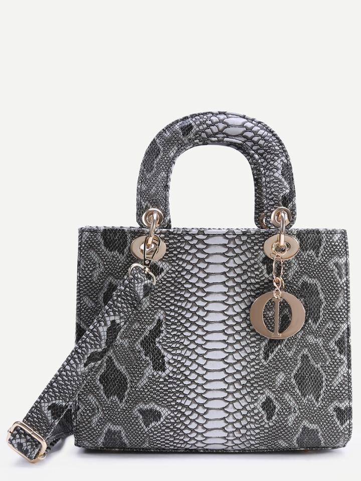 Romwe Grey Snake Embossed Handbag With Strap