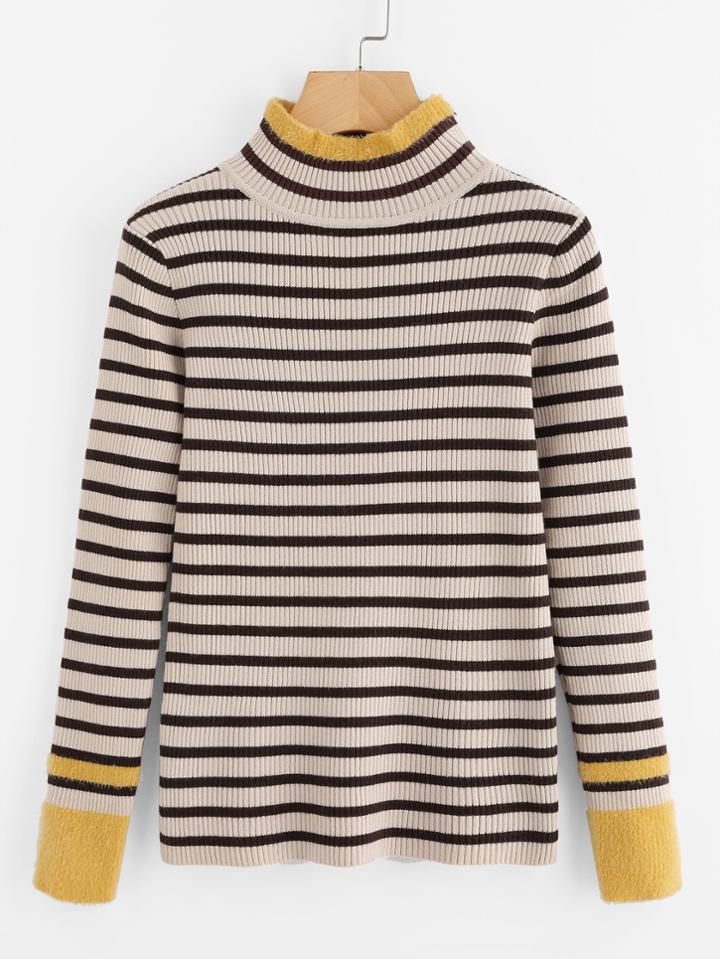 Romwe High Neck Striped Ribbed Knit Sweater