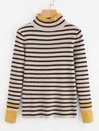 Romwe High Neck Striped Ribbed Knit Sweater