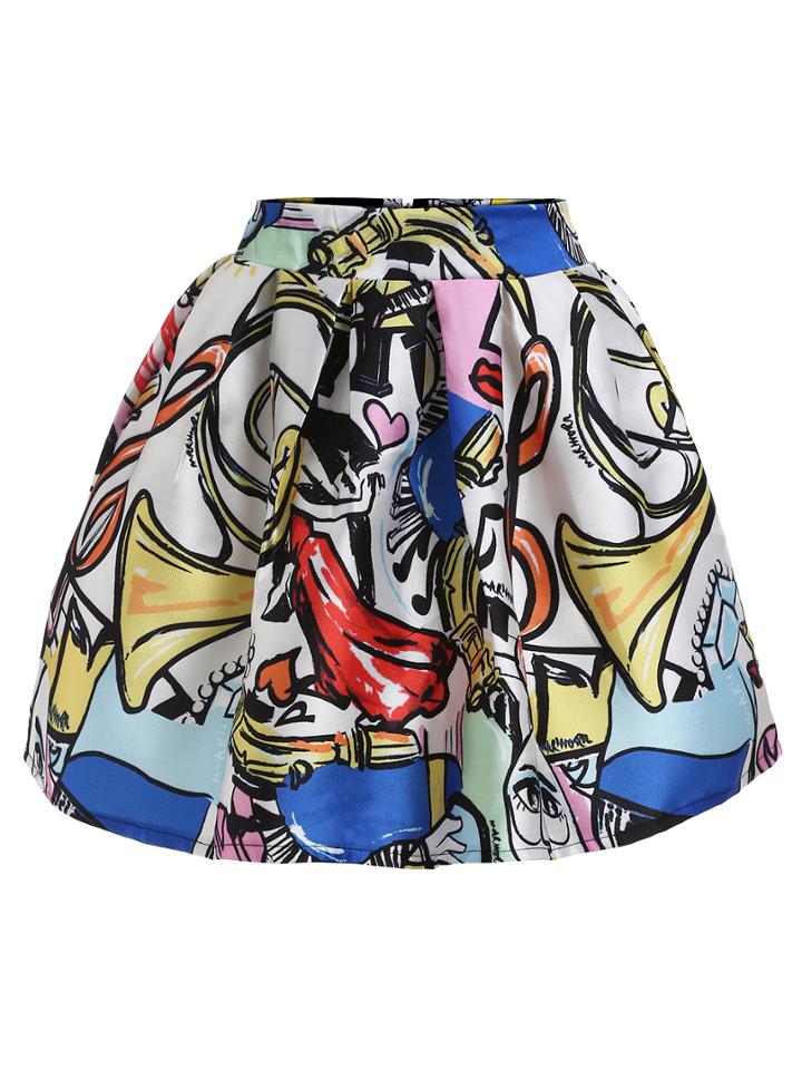 Romwe Graffiti Print Box Pleated Skirt