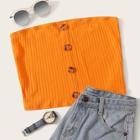 Romwe Neon Orange Button Up Ribbed Bandeau Top