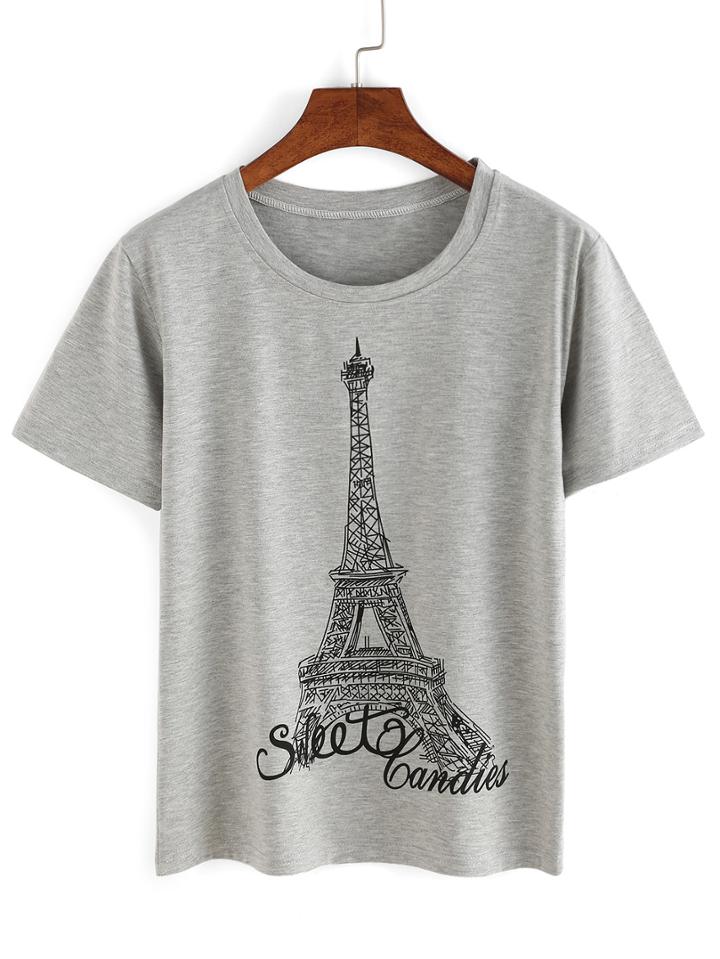 Romwe Eiffel Tower Print T-shirt
