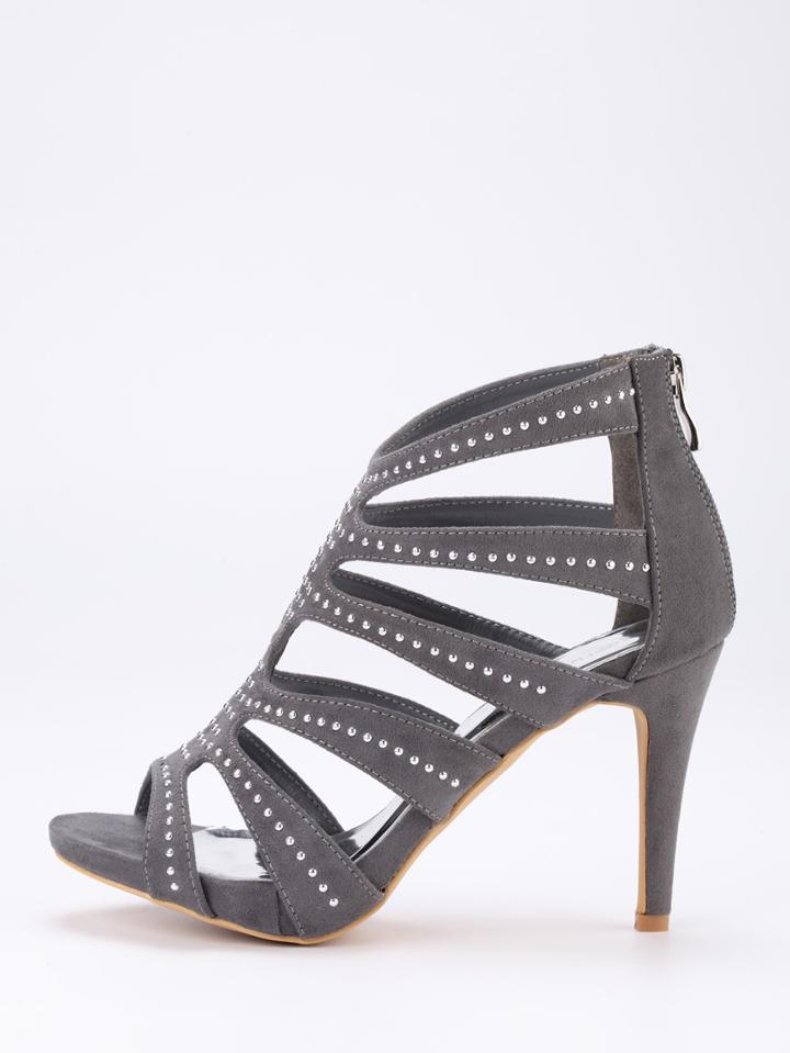 Romwe Grey Faux Suede Caged Studded Peep Toe Pumps