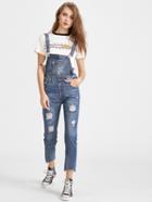Romwe Blue Ripped Raw Hem Overall Jeans