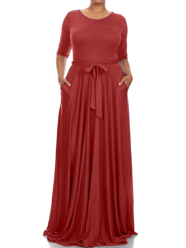 Romwe Round Neck Belt Maxi Red Dress