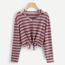 Romwe Cut Out Shoulder Striped Crop Tee