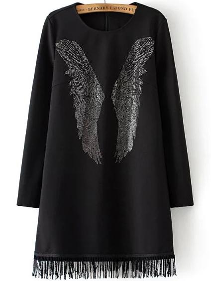 Romwe Wing Pattern Beaded Fringe Tunic Dress
