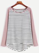 Romwe Contrast Sleeve Striped High Low T-shirt