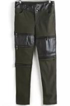 Romwe Army Green Contrast Pu Leather Bead Pant