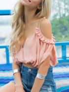 Romwe Ruffle Pink Cold Shoulder Lace Up Crop Top
