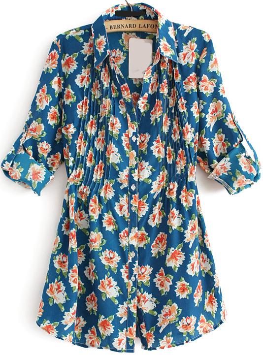 Romwe Lapel Floral Pleated Blue Blouse