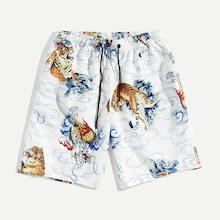 Romwe Guys Tiger & Dragon Print Drawstring Shorts
