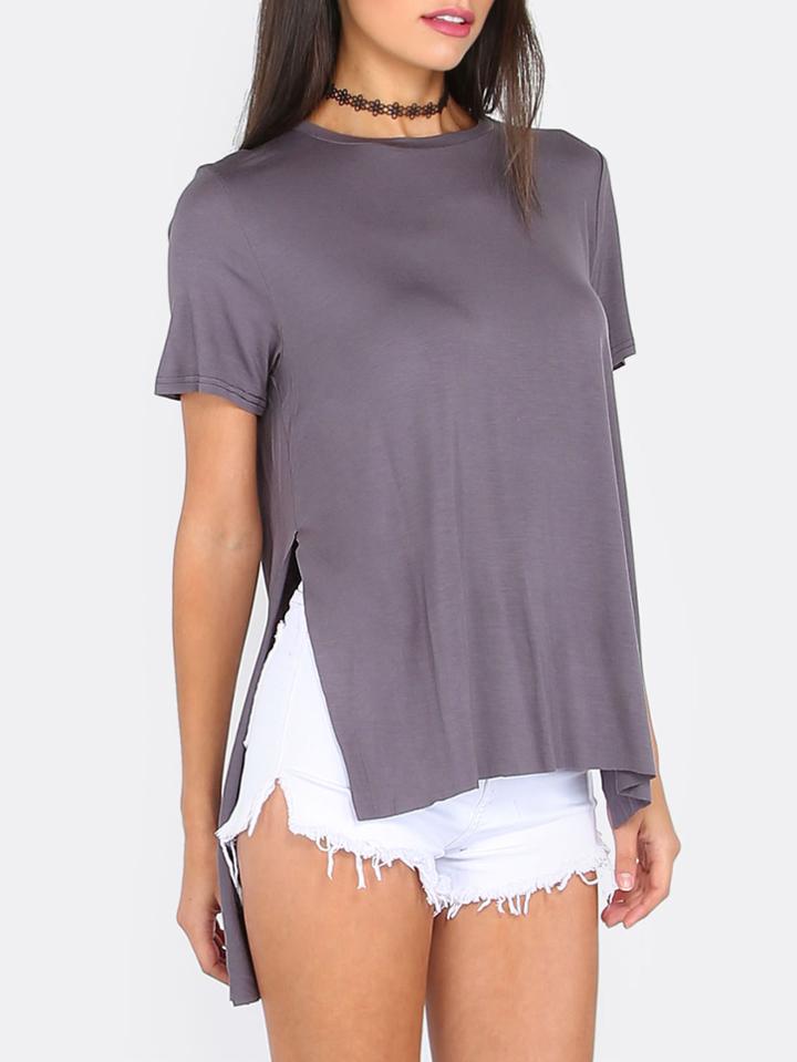 Romwe Dark Grey Split Side Short Sleeve High Low T-shirt