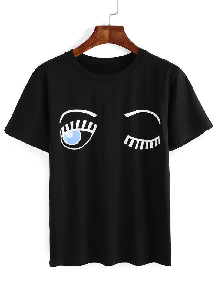 Romwe Eyes Print Black T-shirt